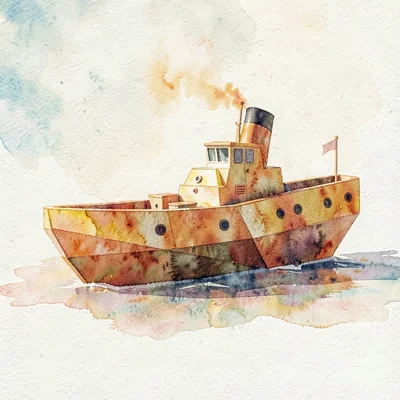 A faceted amber lowpoly tugboat with a chunky hull and short stack throwing warm