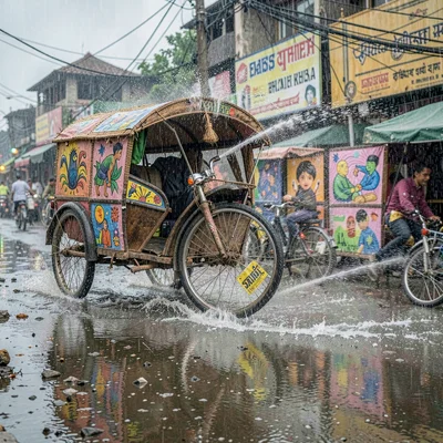 Rickshaw wheel through puddle