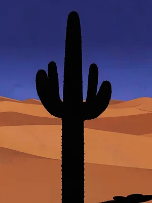 Giant saguaro silhouette holds the foreground of a vast copper desert under a de