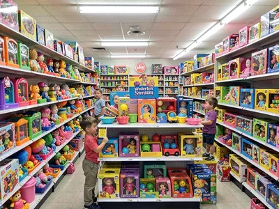 Toy aisle wonderland, colorful plastic dreams, children mesmerized by possibilit