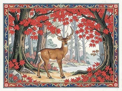 Deer in a forest glade beneath red maple leaves in autumn