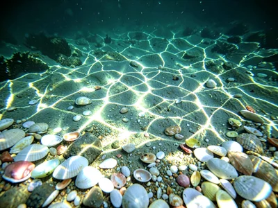 Bright web of focused light on shell-littered bottom