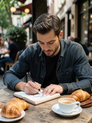 Man sketching in a leather notebook at an outdoor cafe, espresso and croissant o