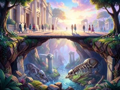 Sidewalk with pedestrians above, ancient ruins and fossils below ground, cross-s