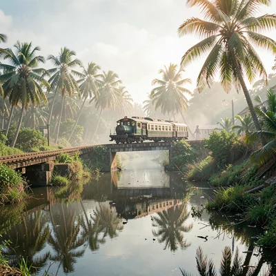 Tropical light on Sri Lankan colonial decay, Train crossing a bridge over lagoon