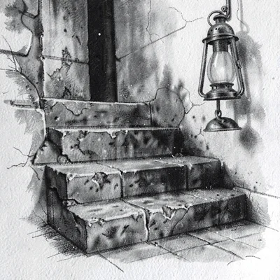 Charcoal study of a worn stone step with a lantern hanging beside