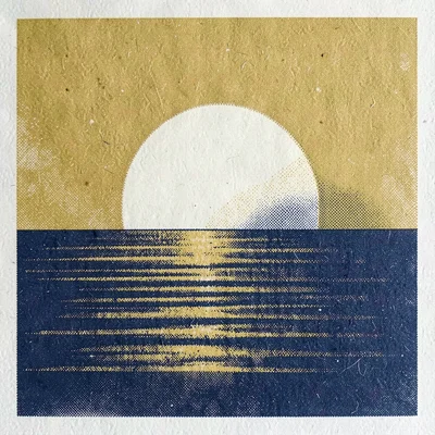 Riso art print of a halftone sun rising over halftone water in mustard and indig