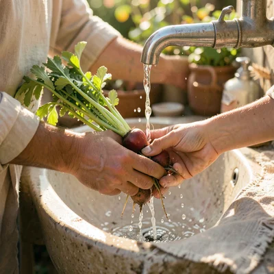 Close-up of hands washing just-picked radishes under an outdoor faucet, water dr