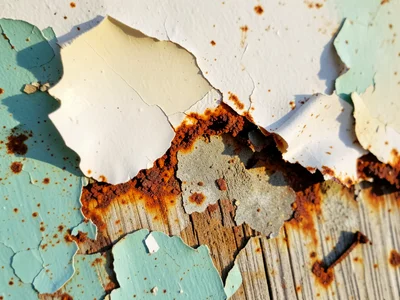 Rust creeping under paint edge, orange oxidation pushing white paint up from met