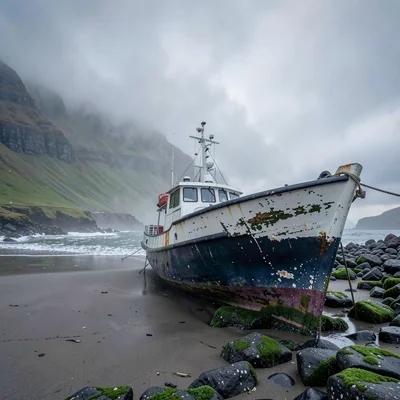 Highland atmospheric mist, Skye grey-green-purple, Fishing boat hull on beach, p