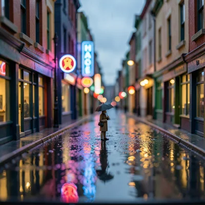 A rain-slicked city street at dusk: neon reflecting in puddles, painted building