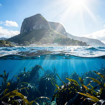 Cape Town mountain-sea duality, Table Mountain backdrop, kelp forest underwater 