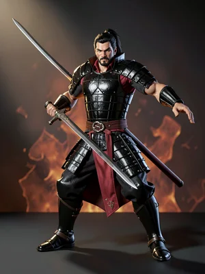 Shogun-coded bushi-archetype in lacquered-black lamellar with crimson silk under