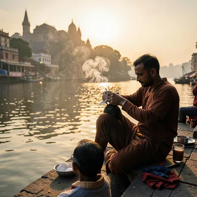Sacred smoke catching golden Ganges light in Varanasi, Barber shaving pilgrim's 