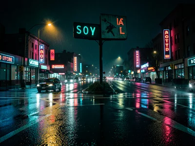 A motel sign at a rain-slicked highway intersection, the vacancy light flickerin