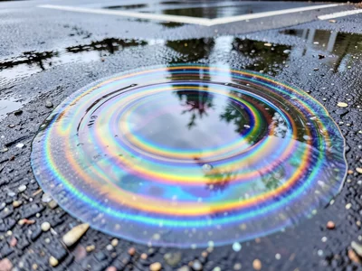 Oil slick on asphalt after rain, thin film interference creating complete Newton