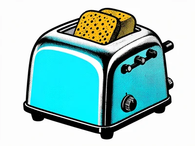 Vintage toaster with bread slots, flat chrome rendered in bold outline