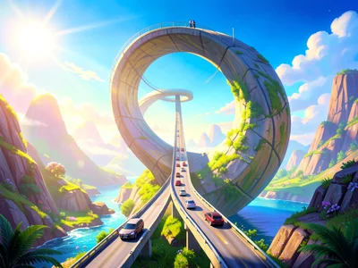 Bridge that curves into a complete vertical loop, cars driving on it, sunny day