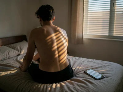 A person sitting on the edge of their bed at 5am, dawn light through blinds stri