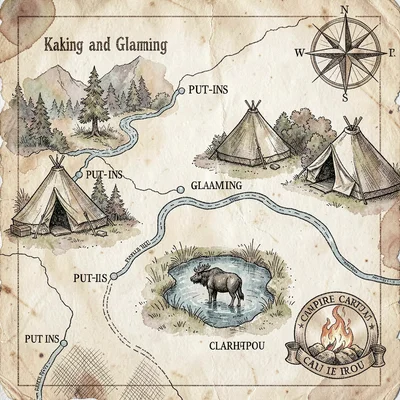 A regional kayaking-and-glamping route map with named put-ins, riverside glampin