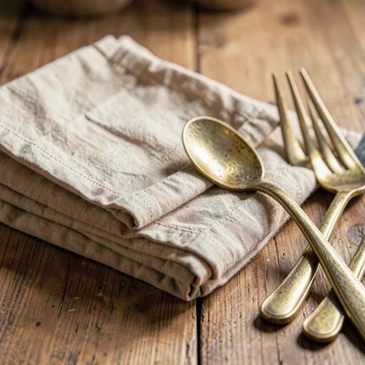 Warm still-life of a stack of folded linen napkins beside hammered brass cutlery