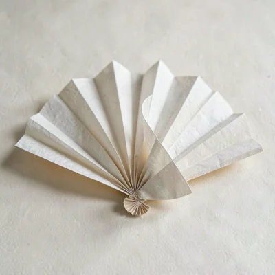 Folded paper fan opening across a flat oat backdrop, gentle rim light, vellum tr