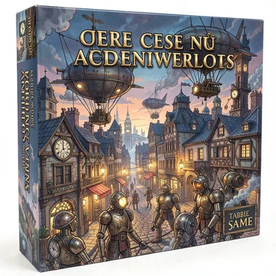 Board game box illustration, a Victorian steampunk city with airships, clockwork