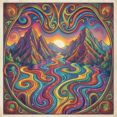Psychedelic poster illustration, mountains melting into pools of color , vibrati
