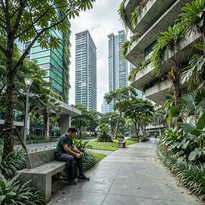Singapore tropical modernism, green claiming grey, Food delivery rider resting o