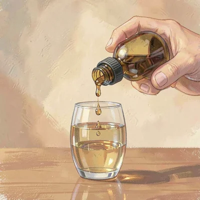 Single dropper-bottle held in hand mid-squeeze, drop frozen falling into a glass
