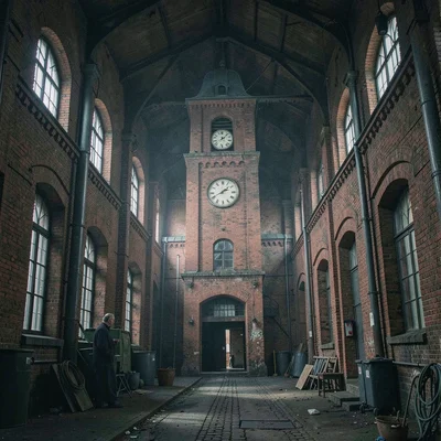Textile factory ghosts in industrial Łódź, factory clock tower stopped at closin