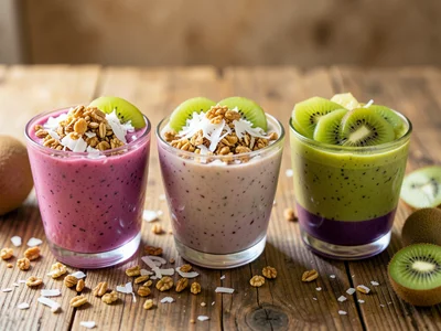 Colorful smoothie bowls topped with granola, coconut flakes, and sliced kiwi arr