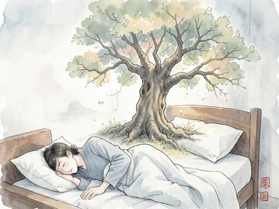 Person sleeping in bed, dream world growing like a tree from their pillow