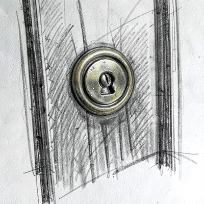 Charcoal study of a coin slot and brass button on a cabinet, gestural confident 