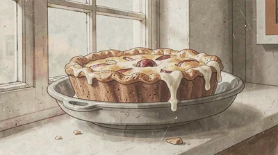 Casein illustration, apple pie cooling on windowsill , milk-based paint, vintage