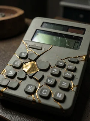 Vintage calculator with sun-damaged LCD, housing repaired with brass at impact p