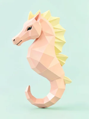 Curly-tailed peach lowpoly seahorse with a faceted curved tail and tiny butter-y