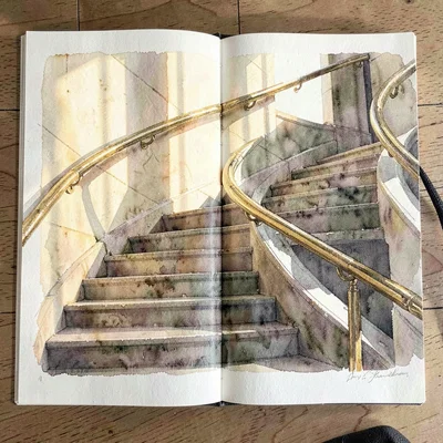 Watercolor inside spread of a museum staircase at golden hour, brass handrail gl