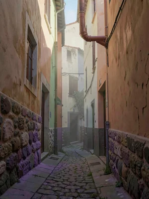 Cool dawn alley with violet shadows still clinging to lower stones, a single sha