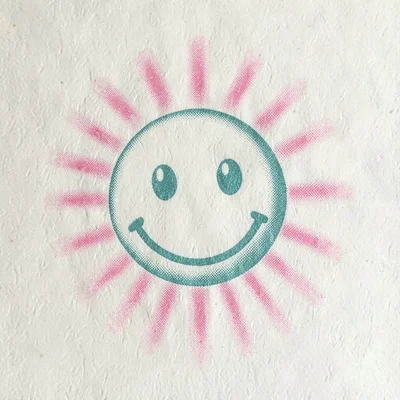Riso style window-decal design of a smiley sticker with halftone glow rays in pi