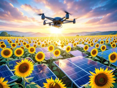 Drone hovering over a field of sunflowers, but the sunflowers are solar panels w