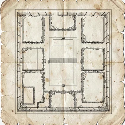 Top-down venue map illustration as an aged parchment of a tennis complex with ce