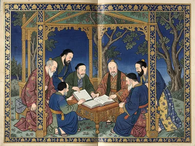 Scholars gathered around an open manuscript in a garden kiosk