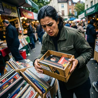 Person browsing vinyl records at outdoor flea market, crate of records in hand
