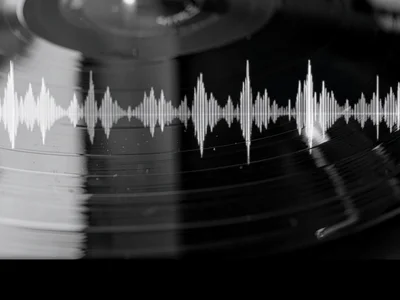 The grooves of a vinyl record at extreme magnification, walls showing actual wav