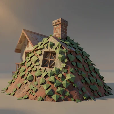 Lowpoly suburban house slowly disappearing under a polygonal mound of triangular