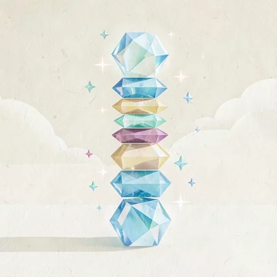 Loading screen composition of a tall stack of gem tiles wobbling like a totem, g