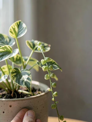 Lush study of a string-of-hearts trailing from a hand-thrown ceramic pot, soft w