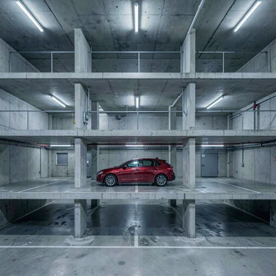 Precise geometric composition, industrial clarity, Parking garage interior showi