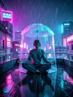 Monsoon rain on a neon-lit rooftop, person meditating under a transparent force-